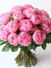 A breathtaking bouquet of twenty-five lush pink peonies arranged for a romantic and elegant presentation.