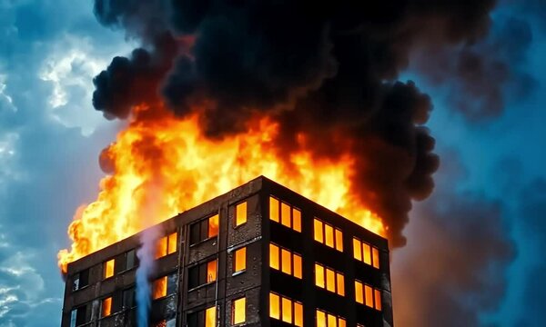 &ldquo;Towering Inferno: A Striking Urban Blaze Engulfing a Building Amid Billowing Smoke&rdquo;

