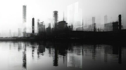 Monochromatic industrial cityscape reflected in calm waters; hazy atmosphere