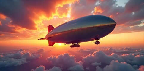 Naklejka premium A majestic airship balloon floats gracefully against a vibrant sunset, its reflective surface catching the golden light The vastness of the sky emphasizes its scale and elegance , aircraft, aviation