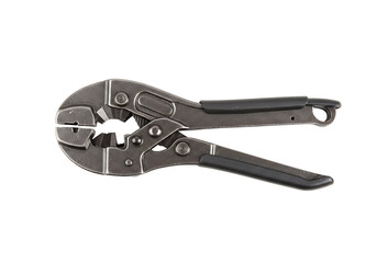 Gray metal locking pliers with black handles showing the serrated jaws