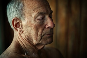 Obraz premium An elderly man with acupuncture needles inserted into his shoulder, looking pensively away.