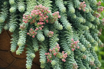 Close-up view Burro's Tail succulents with its unique, spiraled formations and tiny red blooms.