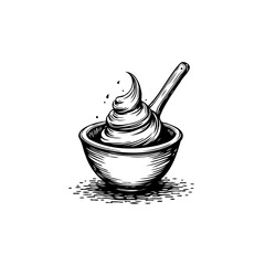 Engraved bowl with creamy swirl and spoon exudes subtle monochrome charm