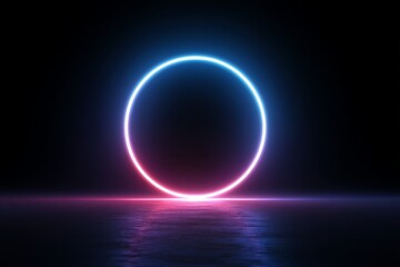 Obraz premium Glowing Neon Pink and Blue Circle on Dark Reflective Surface