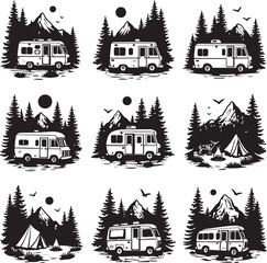 Adventure Van SVG | Mountain Camping Silhouette for Travel Stickers, Shirts & Crafts&rdquo;

&ldquo;Van Life SVG Bundle | Retro Camper, Pine Trees & Mountain Clipart for Outdoor Lovers&rdquo;

&ldquo;Scenic Road Trip Vector 