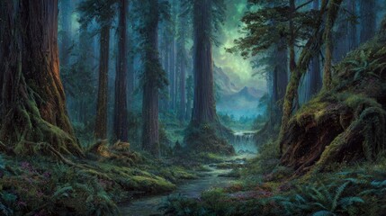 Enchanted Forest at Night with Glowing Stream