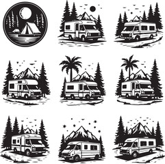 Adventure Van SVG | Mountain Camping Silhouette for Travel Stickers, Shirts & Crafts&rdquo;

&ldquo;Van Life SVG Bundle | Retro Camper, Pine Trees & Mountain Clipart for Outdoor Lovers&rdquo;

&ldquo;Scenic Road Trip Vector 