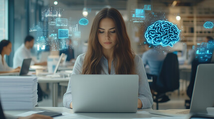 A professional businesswoman works intently on her laptop in a contemporary office environment, surrounded by digital AI brain holograms and futuristic data visualizations