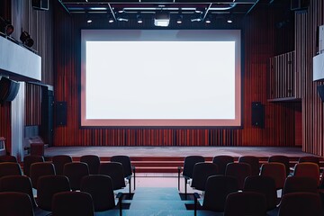 Vibrant Color Image of Projector White Screen Background on Stage in Meeting Room