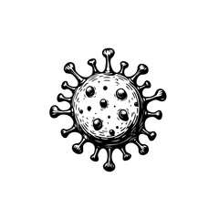 Monochrome depiction of a coronavirus, showcasing intricate biological structures