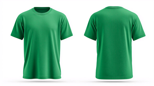 Mockup of a Kelly green t-shirt displayed in front and back views. Classic round neck and short sleeves with visible fabric texture and natural wrinkles. 