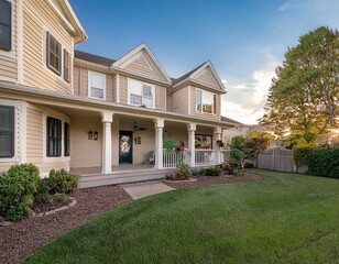 Fototapeta premium large beige house with a welcoming porch seen from the backyard
