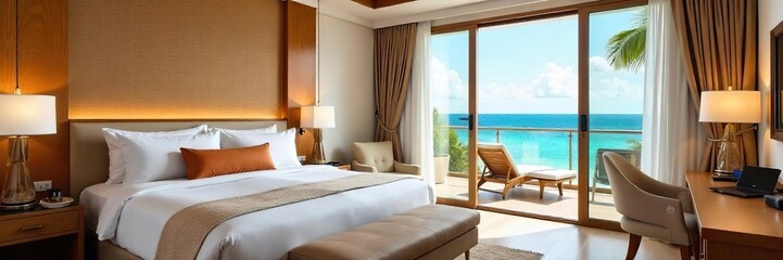 Fototapeta premium Luxurious honeymoon suite with ocean view, private balcony, and lavish amenities Perfect for romantic getaways and ultimate relaxation , getaway, paradise