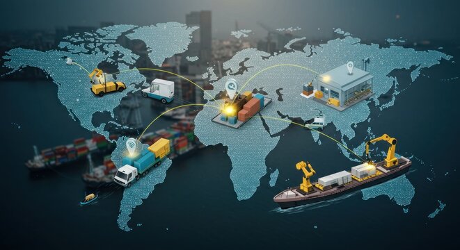 Global Logistics Network.  Interconnected global shipping, transportation, and delivery system.  Visual representation of supply chain. 