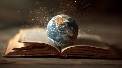 Earth on open book background, world book day, international literacy day