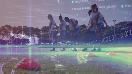 After brief pause five soccer players executing cone drill for sports analytics with data overlays - Powered by Adobe