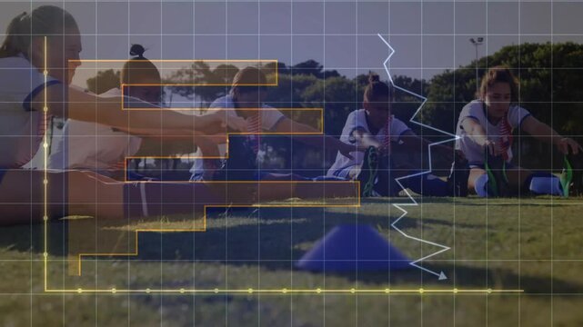 Soccer players on cone signal performing leg stretch in training showing bar charts and line graph
