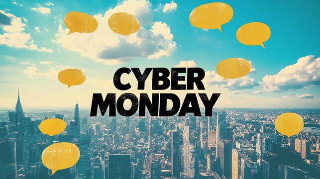 Cyber Monday promotion over a city skyline.