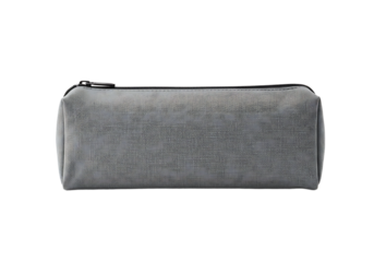 Rectangular gray pencil case with textured surface and black zipper closure
