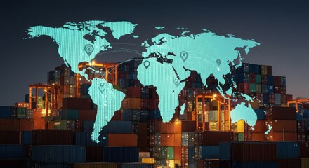 Global shipping network at night.  Connections between continents and cargo containers