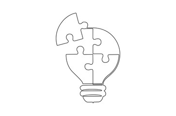 Continuous one line drawing of Lightbulb with Pieces of jigsaw. Single line drawing illustration of Lightbulb jigsaw. Business idea concept vector art. Doodle line illustration.