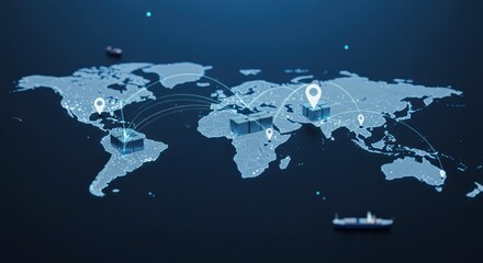Global shipping network, interconnected world map, showing various shipping locations and routes