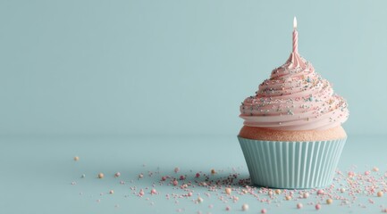 Pink Birthday Cupcake with Candle on Light Blue Background