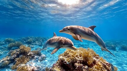 Obraz premium Dolphins Swimming Underwater Near Coral Reef