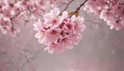 Obraz premium Delicate pink sakura petals softly descend on a blurred background , light, beauty