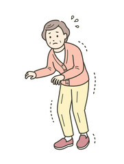 手足の震えや強張りがある高齢女性が恐る恐る歩くイラスト