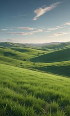Fototapeta premium Rolling hills of emerald grass under a clear sky , rural, meadow, field