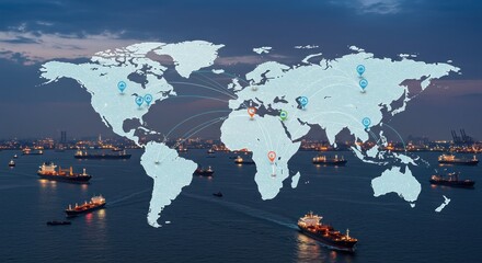 Global trade network map overlaid on world map with shipping vessels