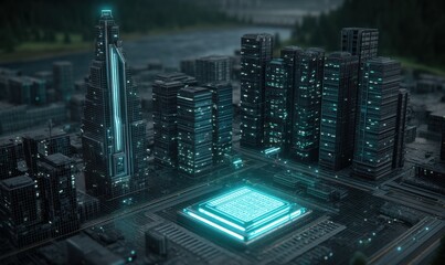 Fototapeta premium Cidade futurista noturna, vista aérea, arquitetura tecnológica, núcleo central luminoso