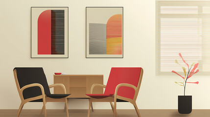 Elegant living room with two armchairs, wooden sideboard, and empty poster mock-up frame in natural light. minimalist. Illustration