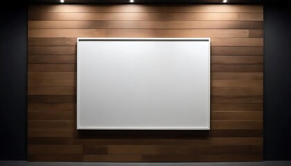 Minimalist white blank board hanging on a wooden wall, presentation space