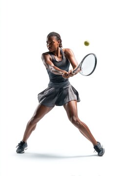 A female tennis player in action, preparing to hit a backhand shot with focus and intensity on a white background.