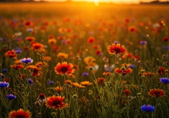 Fototapeta premium Wildflower meadow at sunset with vibrant colors