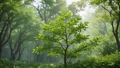 Fototapeta premium Tiny tree, bright green leaves against natural backdrop, early growth stage , summer, foliage