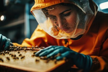 A beekeeper carefully examines a honeycomb frame, observing the bees and their activity.