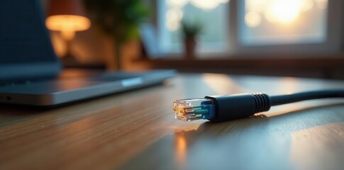 Close-up of an ethernet cable connector on a wooden surface near a laptop at sunset