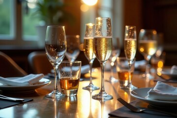 Golden Hour Celebration Sparkling Wine and Spirits on a Polished Table Setting