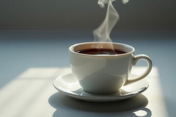 Aromatic Coffee in a White Cup on a Saucer, Basking in Sunlight