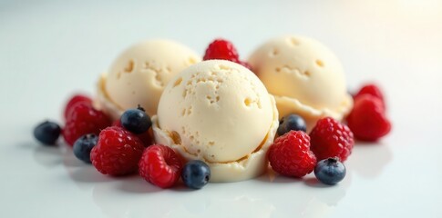Creamy Vanilla Ice Cream Scoops with Fresh Raspberries and Blueberries on a Reflective Surface