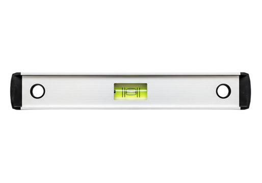 Silver spirit level with black end caps and central bubble vial