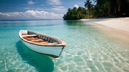 Tranquil scene of a small boat in shallow, turquoise water near a tropical beach.