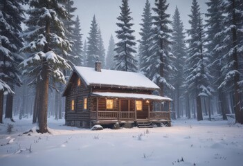 Snow-covered pines, cozy cabin, falling snow, winter woods,  magic, winter wonderland