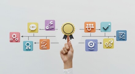 Hand points to quality award in process diagram
