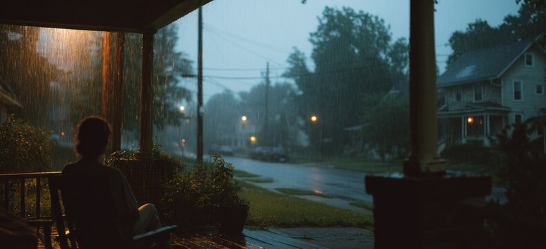 A person sits on a porch, watching rain fall over a quiet suburban street at dusk, illuminated by soft streetlights.