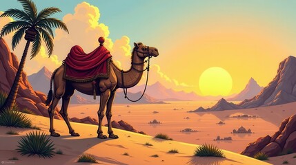 A lone camel adorned with rich crimson saddle blankets stands silhouetted against a breathtaking desert sunset, overlooking a serene landscape of distant structures and tranquil waters.